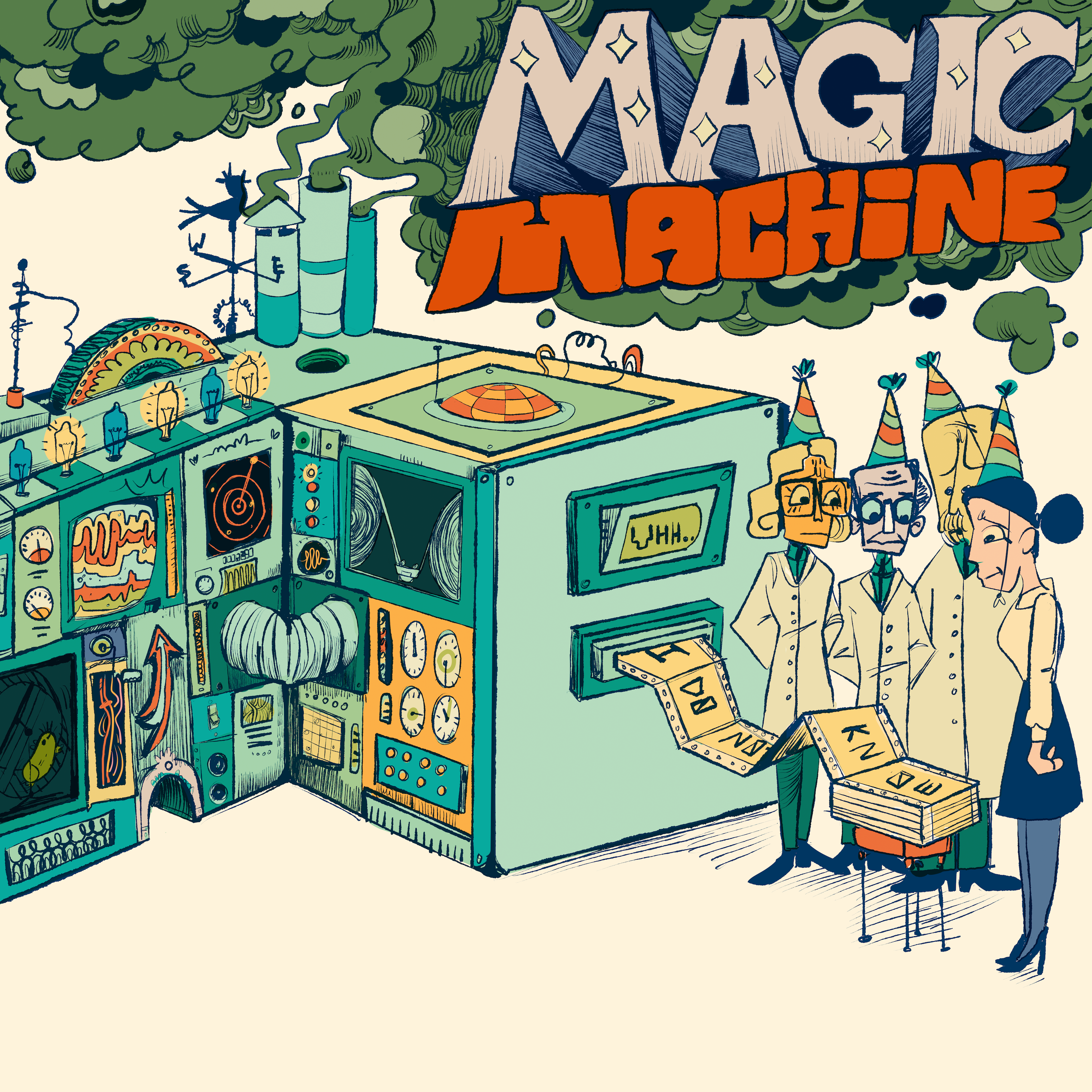 An illustration of three scientists trying to decipher the paper printout of a large machine, by Sam Hrabko.